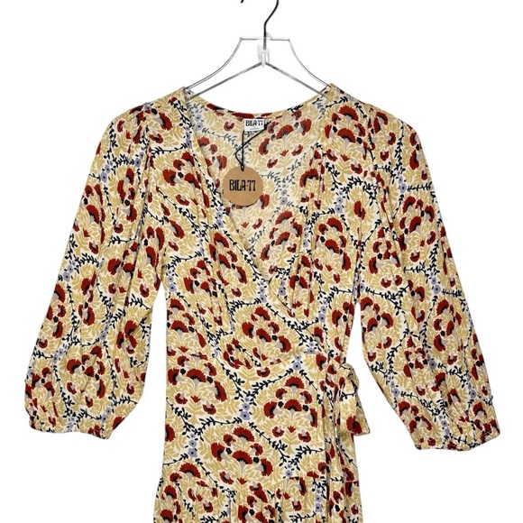 NWT BILLA 77 Bellview Floral Wheat Boho Puff Sleeve Wrap Maxi Dress Sz XS - Picture 5 of 16